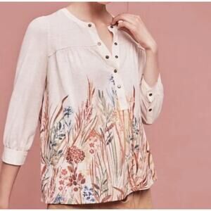 Anthropologie Postmark Boho Floral Henley Blouse XS Cream Floral 3/4 Sleeve